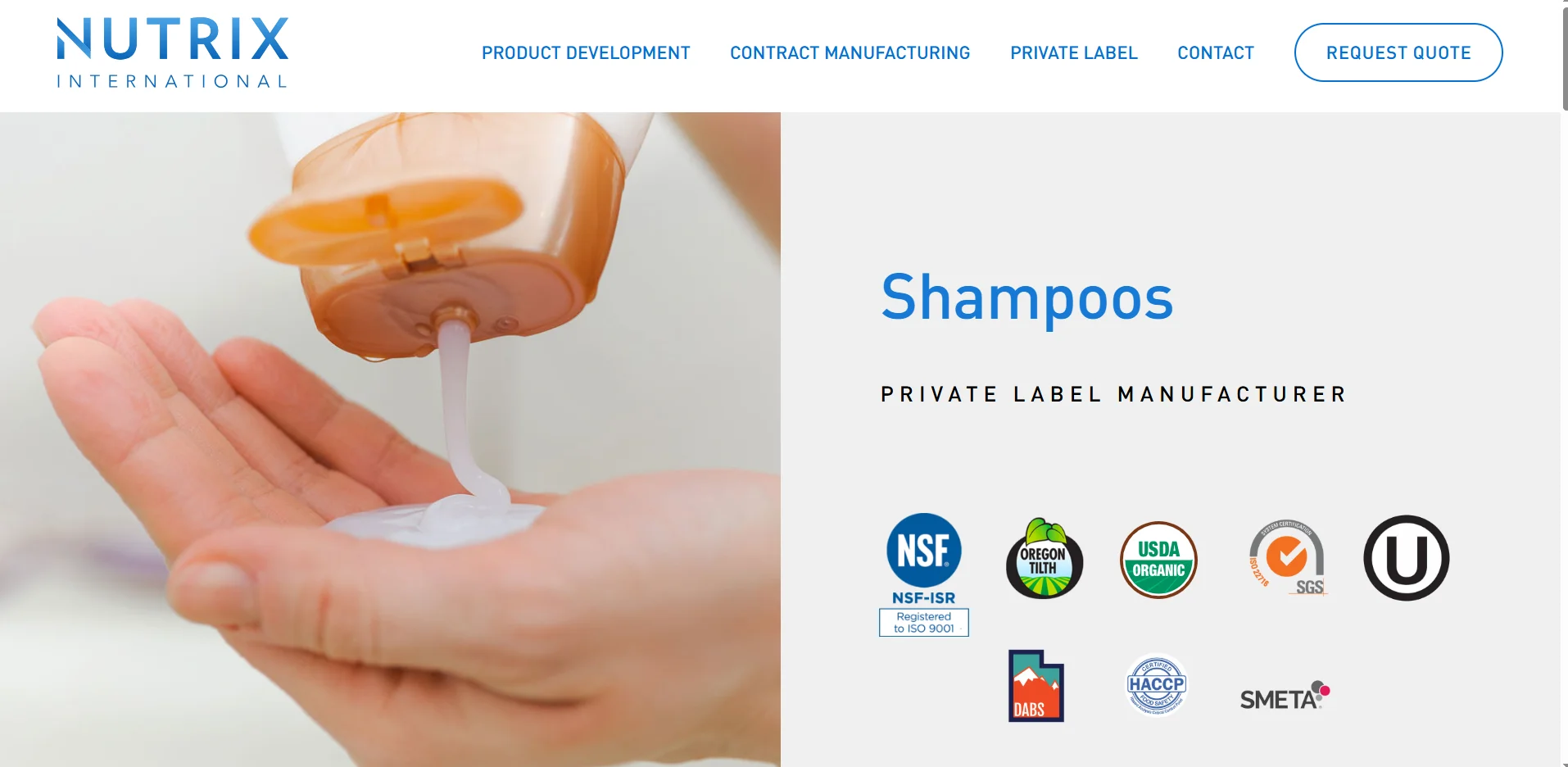 Nutrix International webpage displaying shampoo being dispensed into a hand, emphasizing private label manufacturing with various certification logos.